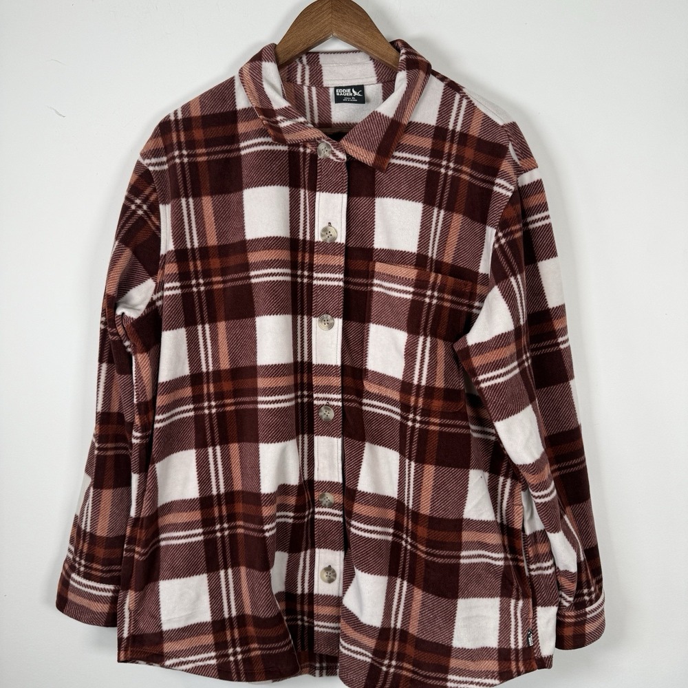 Eddie Bauer Shacket Women's Burnt Orange White Full Button Down Warm XL Fleece